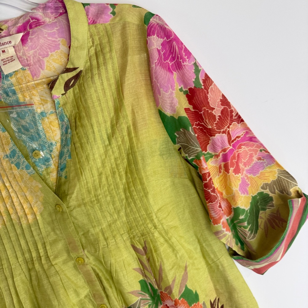 Sundance Floral Pintuck Tunic Women Medium Green Multi Cotton Boho 3/4 Sleeve - Picture 4 of 13
